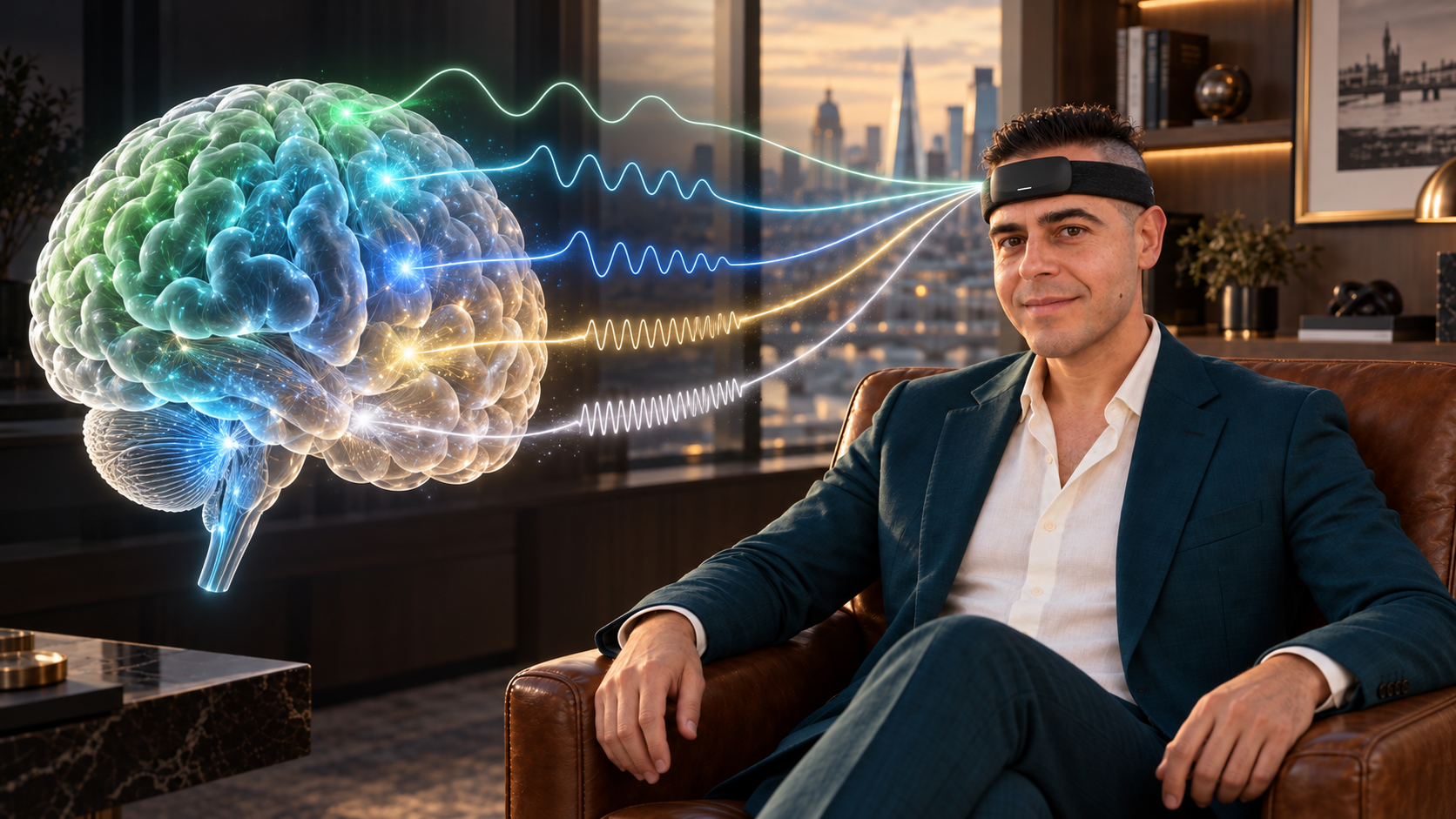 AI-created educational portrait of Jonathan Riesel wearing Muse S Athena in a luxury office, with a separate reference brain and five illustrated frequency traces linked to the headband.