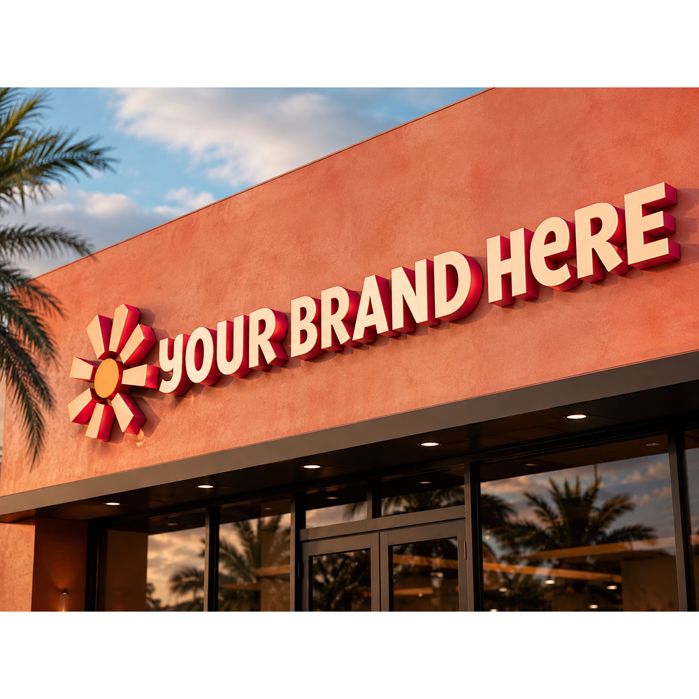 Conceptual Sunset Coral rendering of custom storefront channel letters displaying YOUR BRAND HERE.