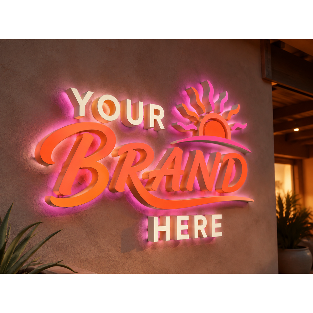 Conceptual Sunset Coral rendering of halo-lit channel letters and logo displaying YOUR BRAND HERE.