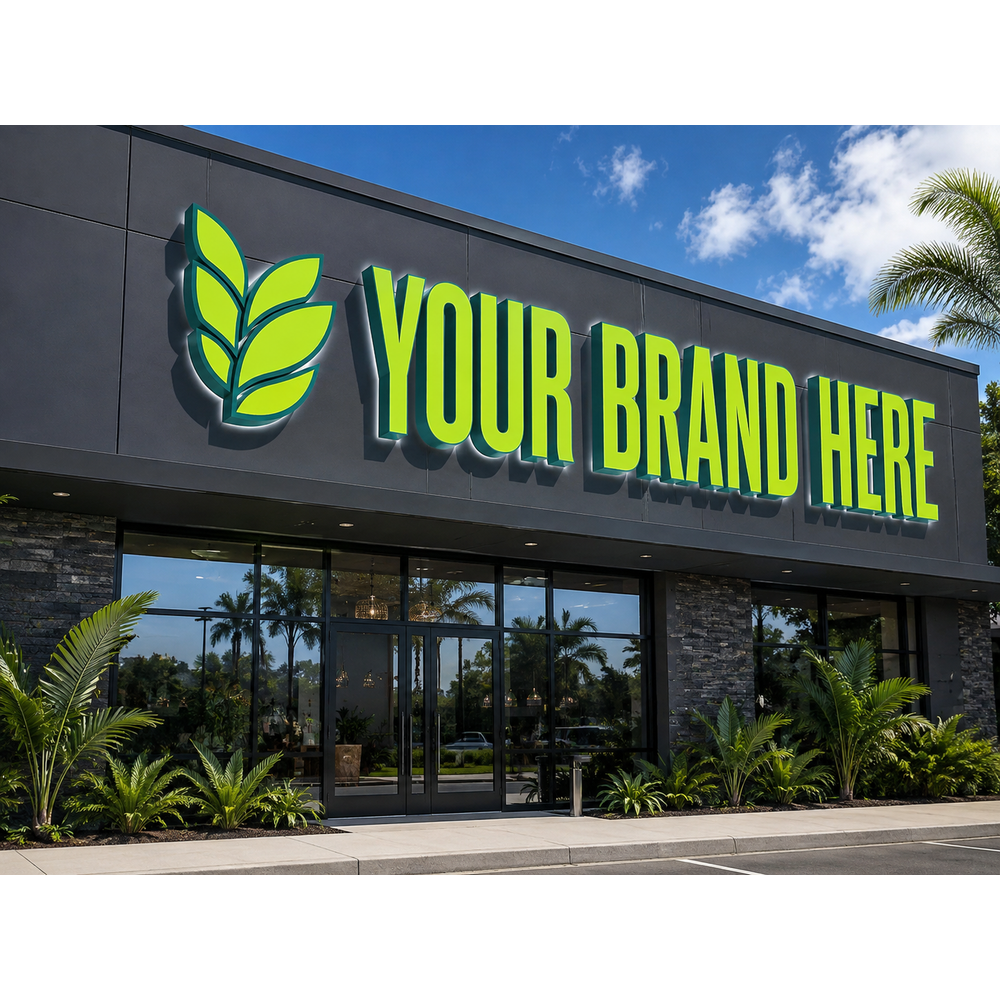 Conceptual Tropical Lime rendering of custom storefront channel letters displaying YOUR BRAND HERE.