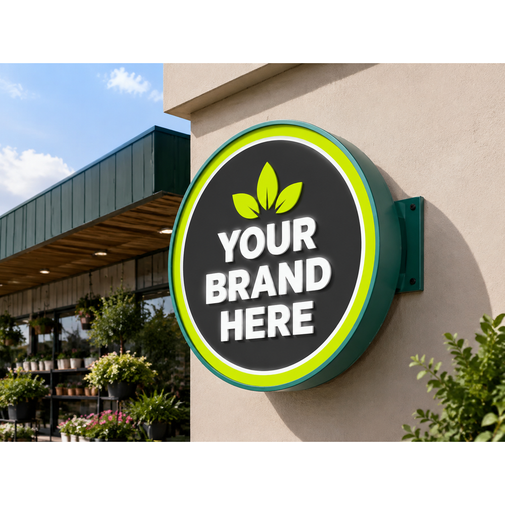 Conceptual Tropical Lime rendering of round exterior logo cabinet sign displaying YOUR BRAND HERE.