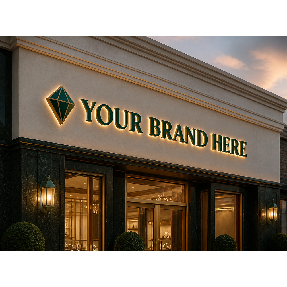 Conceptual Emerald Luxury rendering of custom storefront channel letters displaying YOUR BRAND HERE.