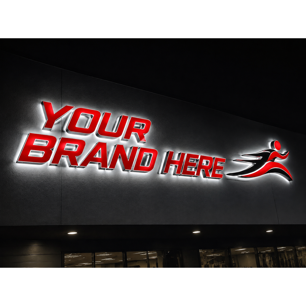 Conceptual Red Impact rendering of halo-lit channel letters and logo displaying YOUR BRAND HERE.