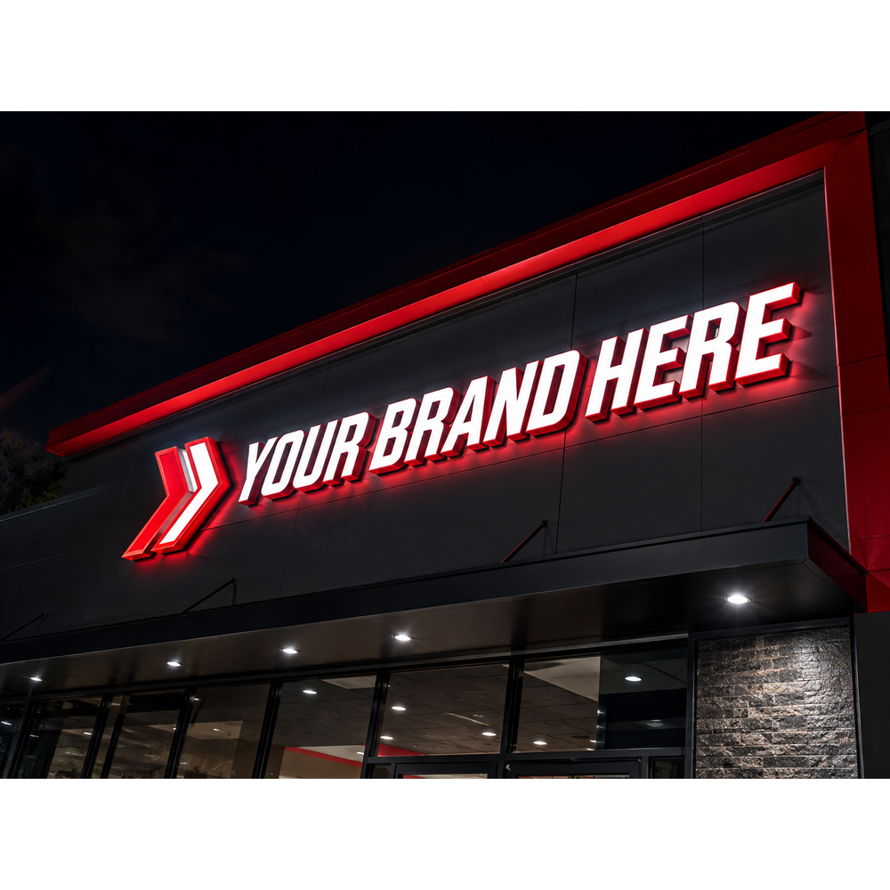 Conceptual Red Impact rendering of custom storefront channel letters displaying YOUR BRAND HERE.