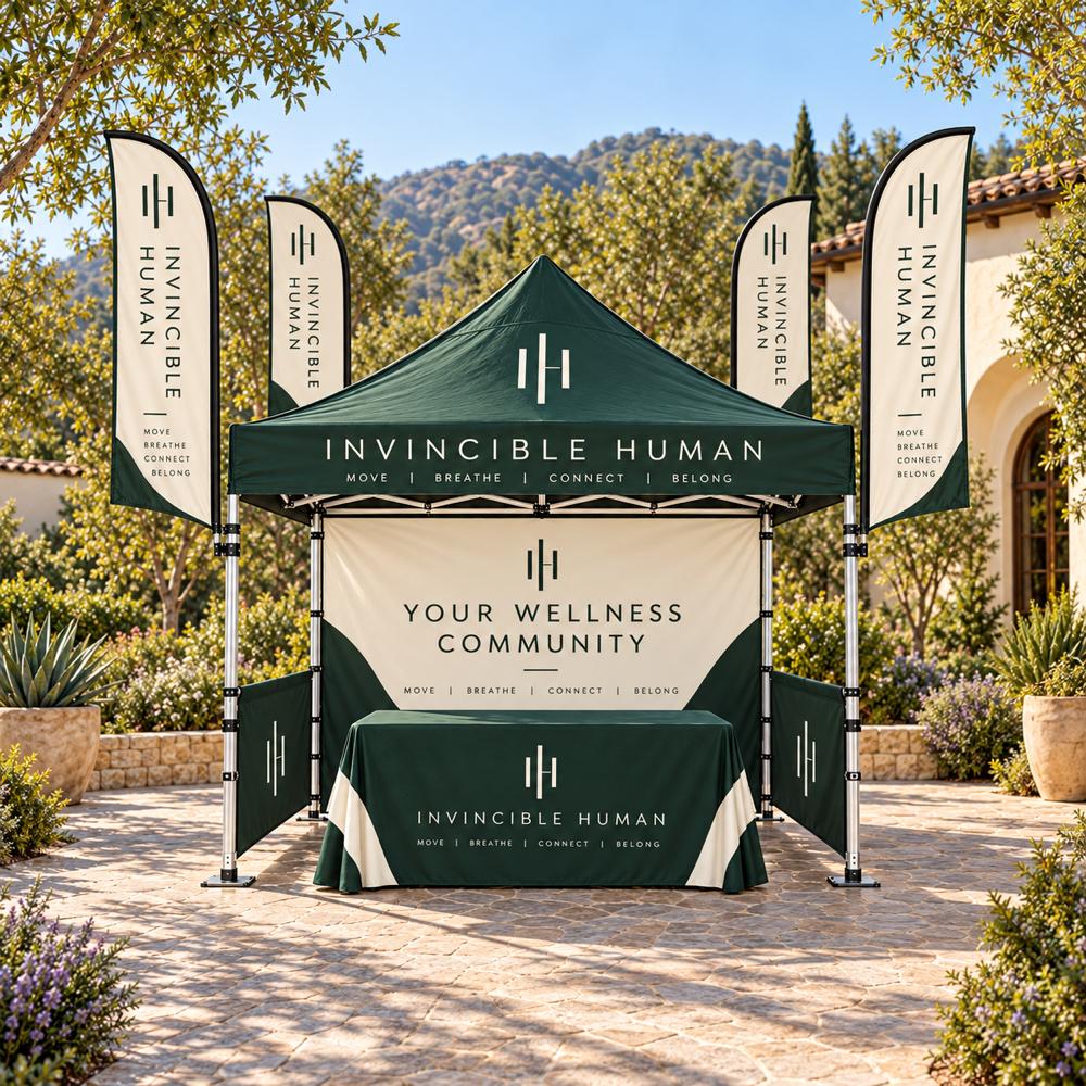 Invincible Human wellness example branding: Custom-Printed Yoga & Wellness Tent & Flag Package, 1000 x 1000 square product photograph.