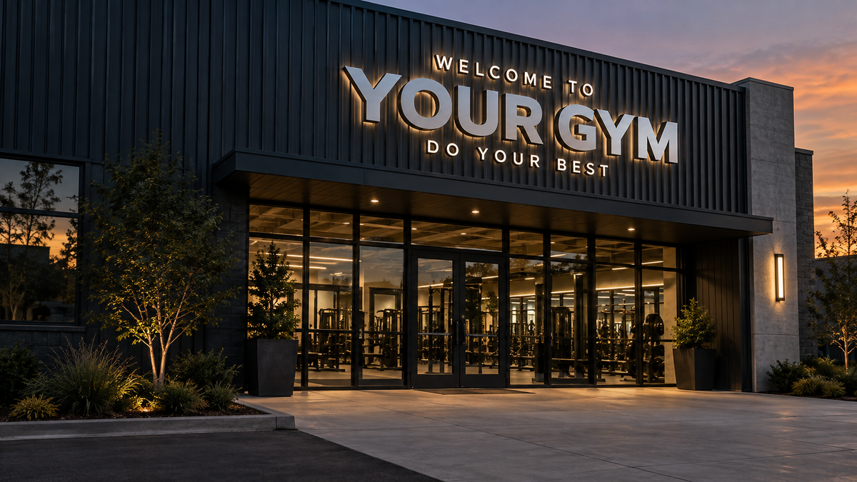 Concept of halo-lit metal YOUR GYM letters on a premium gym facade