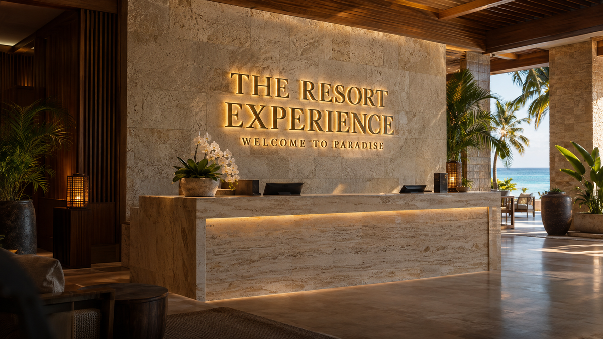 Concept of gold backlit THE RESORT EXPERIENCE letters behind a tropical resort reception