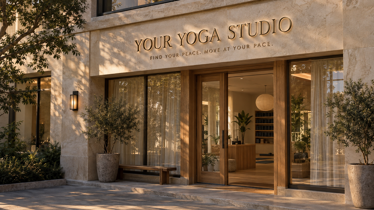 Concept of elegant bronze YOUR YOGA STUDIO lettering on a stone studio entrance